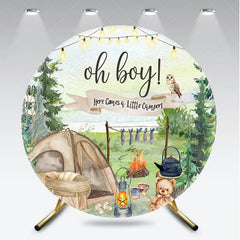Aperturee - Aperturee Woodland Little Camper Baby Shower Round Backdrop Oh Boy Forest Animal Tent Camping Party Cover