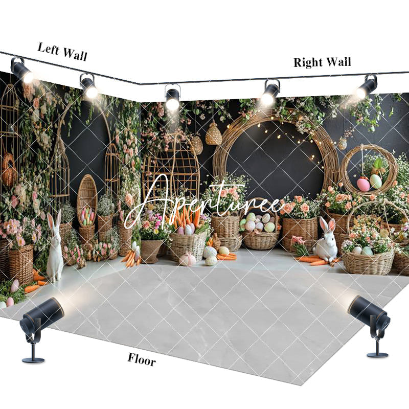 Aperturee - Aperturee Woven Basket Floral Bunny Easter Room Set Backdrop