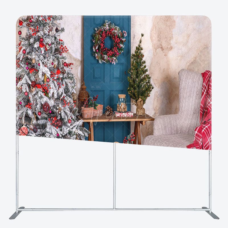 Aperturee - Aperturee Wreath Blue Door Christmas Tree Pillow Case Backdrop