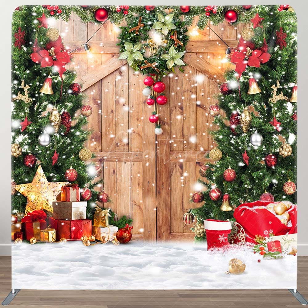 Aperturee - Aperturee Wreath Christmas Tree Wooden Door Square Backdrop