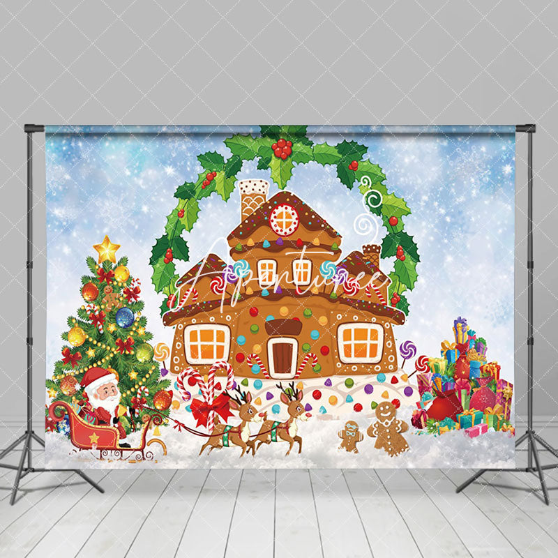 Aperturee - Aperturee Wreath Gingerbread House Carriage Christmas Backdrop