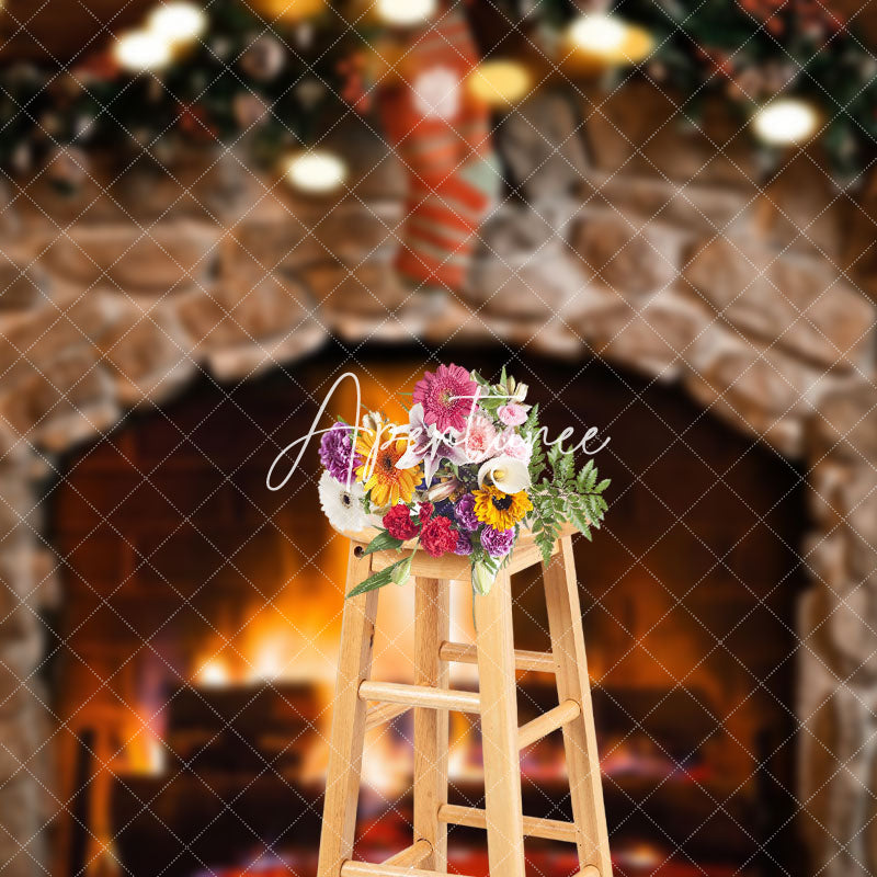Aperturee - Aperturee Wreath Socks Stone Brick Fireplace Christmas Backdrop
