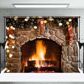 Aperturee - Aperturee Wreath Socks Stone Brick Fireplace Christmas Backdrop