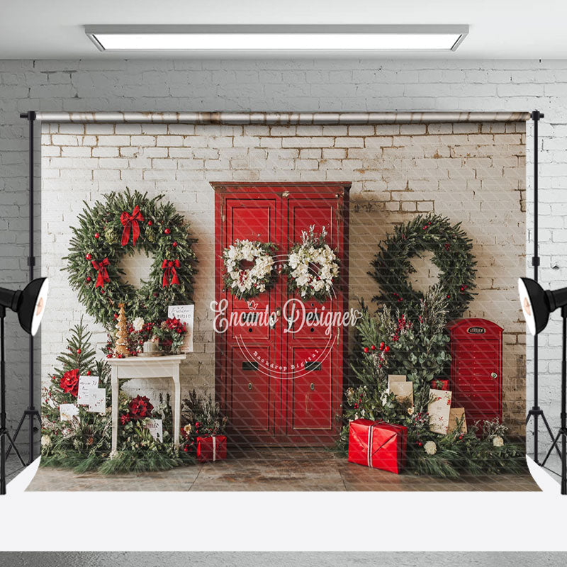 Aperturee - Aperturee Wreaths Red Door Christmas Winter Holiday Backdrop