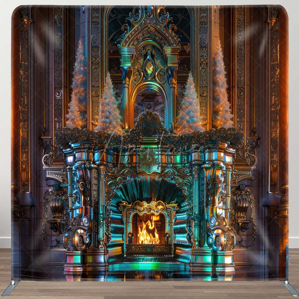 Aperturee - Aperturee Xmas Trees Gold Wall Fireplace Pillow Case Backdrop