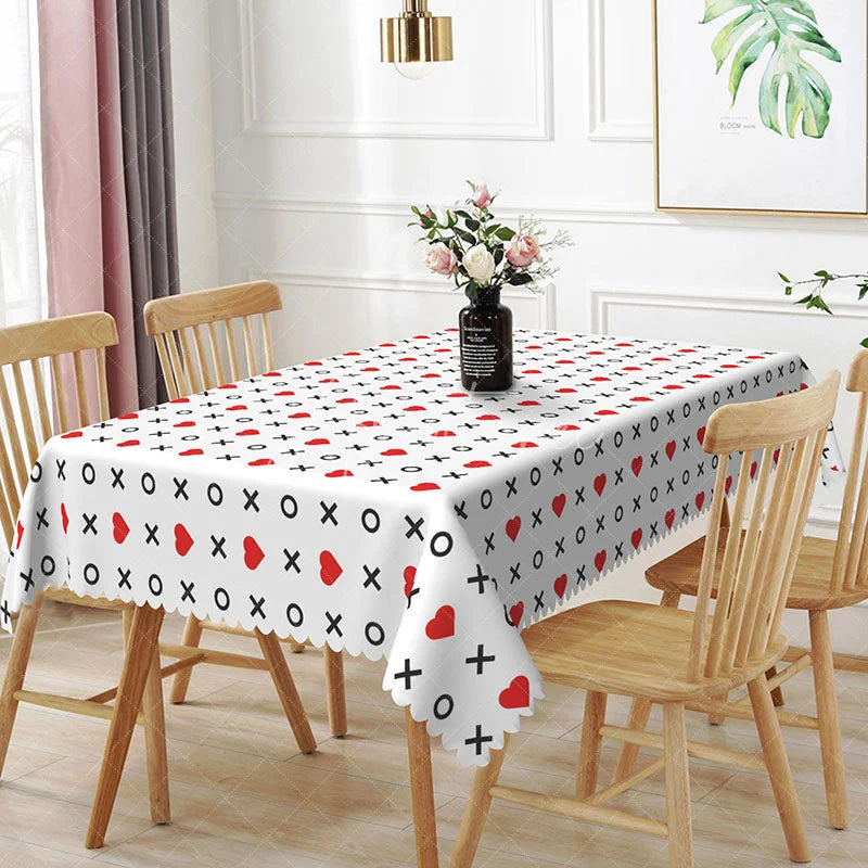 Aperturee - Aperturee XOXO Hugs and Kisses Rectangle Tablecloth Black Cross and Red Heart Playful Valentine Dining Decor