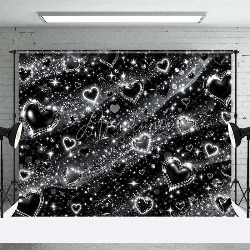 Aperturee - Aperturee Y2K Black and Silver Glitter Hearts Sparkling Holiday Backdrop Glamorous Celebration Party Decor