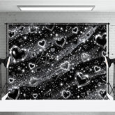 Aperturee - Aperturee Y2K Black and Silver Glitter Hearts Sparkling Holiday Backdrop Glamorous Celebration Party Decor