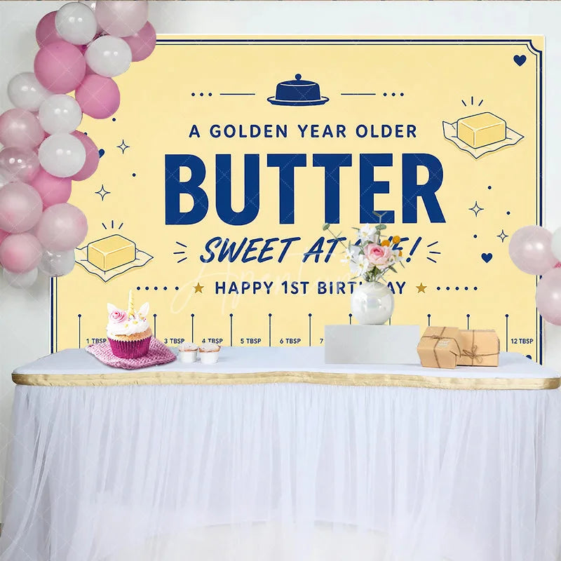 Aperturee - Aperturee Yellow and Blue Butter Sweet at One 1st Birthday Backdrop Golden Year Older Party Decoration