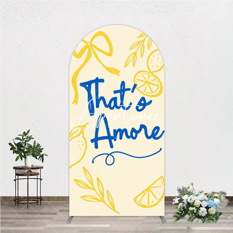 Aperturee - Aperturee Yellow and Blue Lemon That’s Amore Round Top Arch Backdrop Romantic Bridal Shower Party Decor.