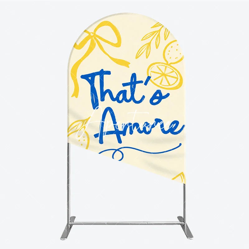 Aperturee - Aperturee Yellow and Blue Lemon That’s Amore Round Top Arch Backdrop Romantic Bridal Shower Party Decor.