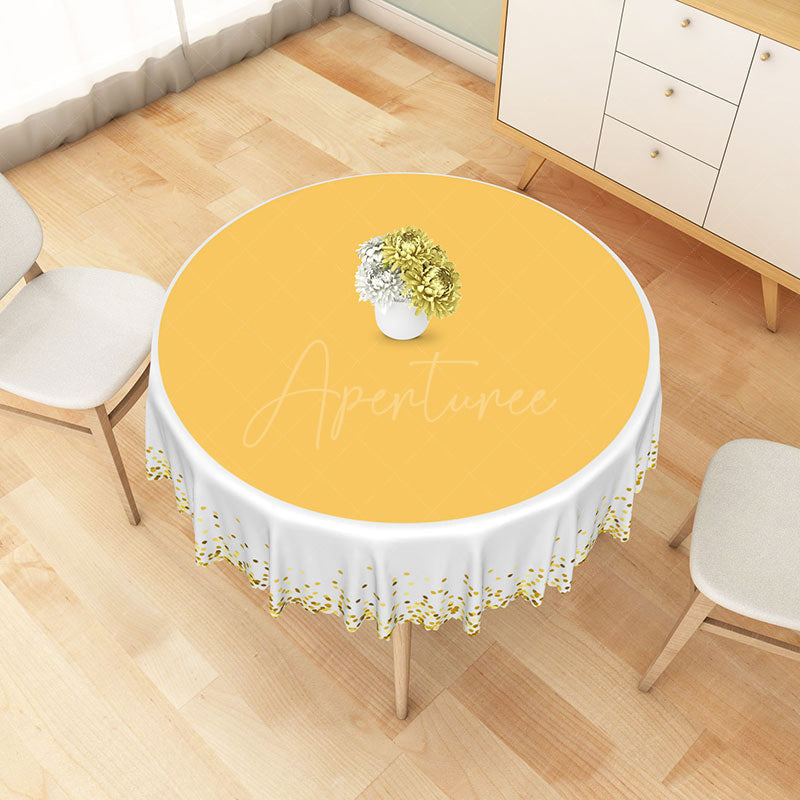 Aperturee - Aperturee Yellow and Gold Polka Dot Round Tablecloth on White for Cheerful Summer and Birthday Party Decor