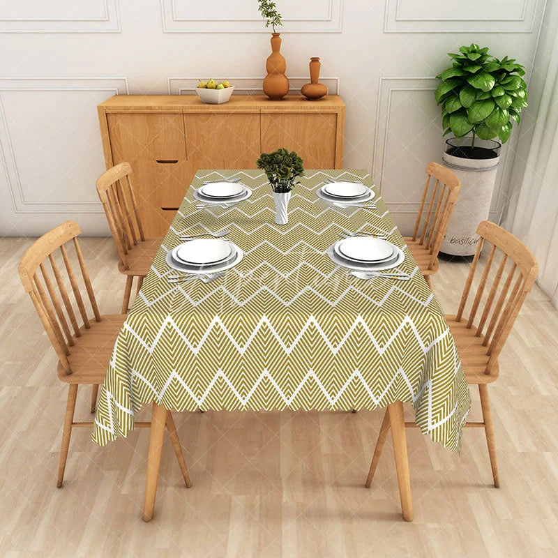Aperturee - Aperturee Yellow and White Zigzag Geometric Lines Rectangle Tablecloth Boho Style Dining Room Decor Washable Kitchen Table Cover