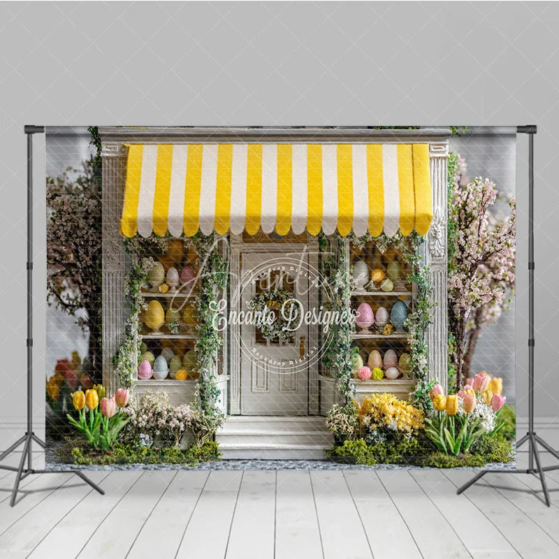 Aperturee - Aperturee Yellow Awning Storefront Easter Photography Backdrop Spring Tulips and Pastel Eggs Studio Background