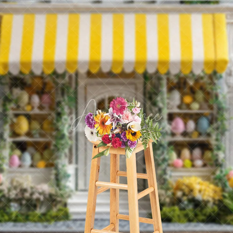 Aperturee - Aperturee Yellow Awning Storefront Easter Photography Backdrop Spring Tulips and Pastel Eggs Studio Background