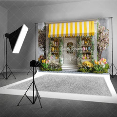 Aperturee - Aperturee Yellow Awning Storefront Easter Photography Backdrop Spring Tulips and Pastel Eggs Studio Background