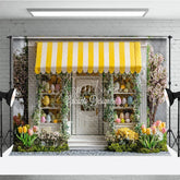 Aperturee - Aperturee Yellow Awning Storefront Easter Photography Backdrop Spring Tulips and Pastel Eggs Studio Background