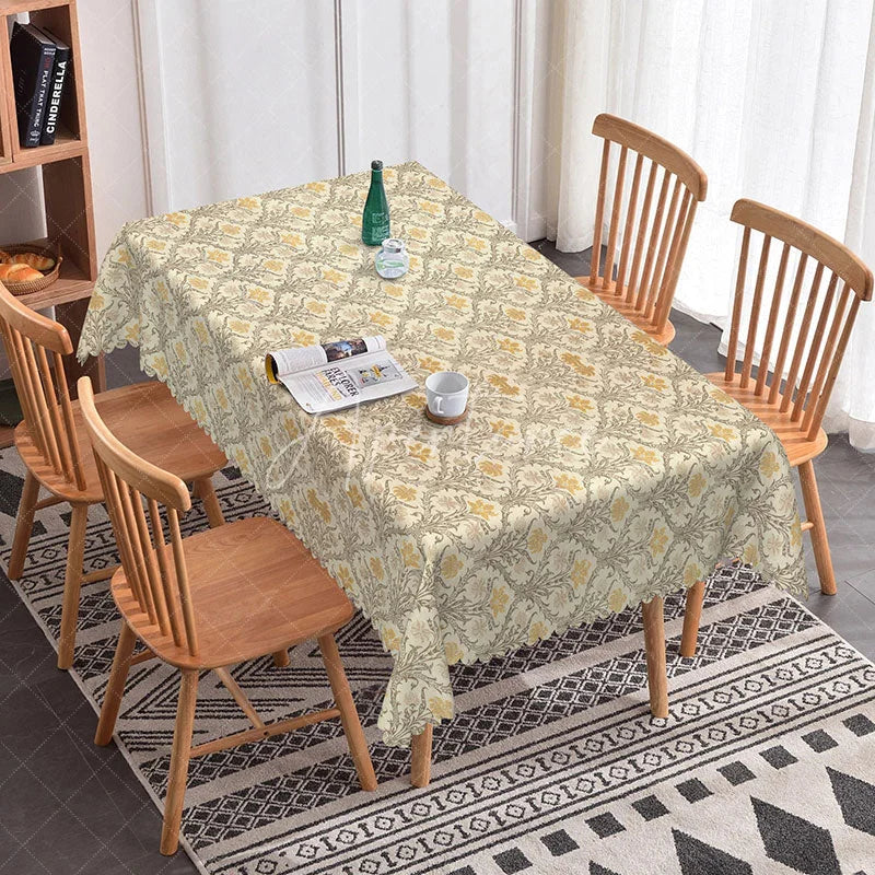 Aperturee - Aperturee Yellow Beige Damask Rectangle Tablecloth Classic Floral Scroll Pattern Cover Traditional Dining Table Decoration