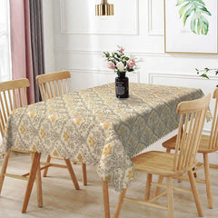 Aperturee - Aperturee Yellow Beige Damask Rectangle Tablecloth Classic Floral Scroll Pattern Cover Traditional Dining Table Decoration