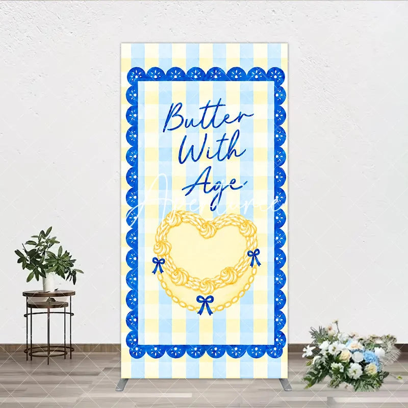 Aperturee - Aperturee Yellow Blue Gingham Plaid Heart Rectangle Arch Backdrop Butter With Age Birthday Party Decor.