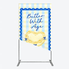 Aperturee - Aperturee Yellow Blue Gingham Plaid Heart Rectangle Arch Backdrop Butter With Age Birthday Party Decor.
