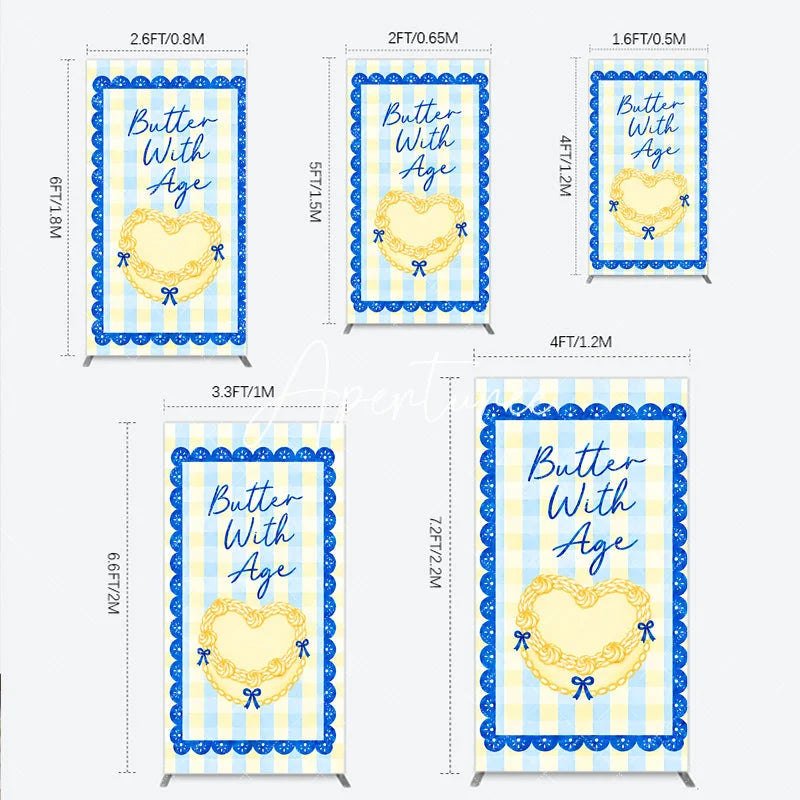Aperturee - Aperturee Yellow Blue Gingham Plaid Heart Rectangle Arch Backdrop Butter With Age Birthday Party Decor.
