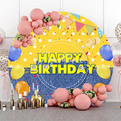 Aperturee - Aperturee Yellow Cartoon Happy Birthday Round Backdrop Playful Googly Eyes Denim Bananas Balloons Party Decorations for Kids