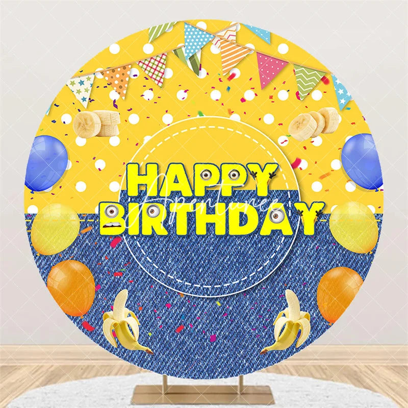 Aperturee - Aperturee Yellow Cartoon Happy Birthday Round Backdrop Playful Googly Eyes Denim Bananas Balloons Party Decorations for Kids