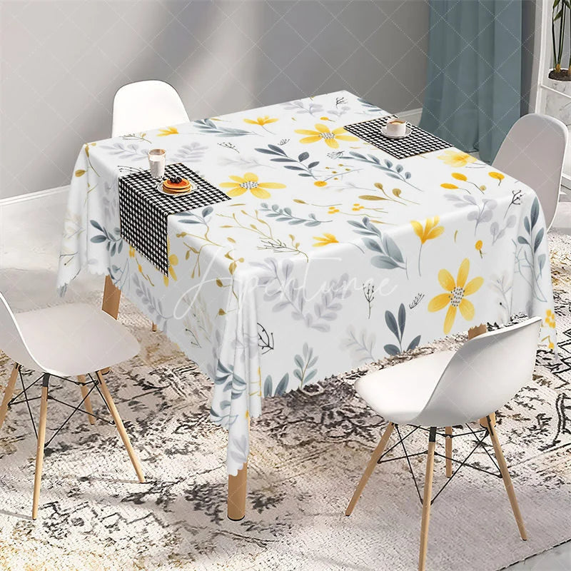 Aperturee - Aperturee Yellow Daisy and Autumn Leaves Rectangle Tablecloth White Floral Pattern Table Cover for Kitchen