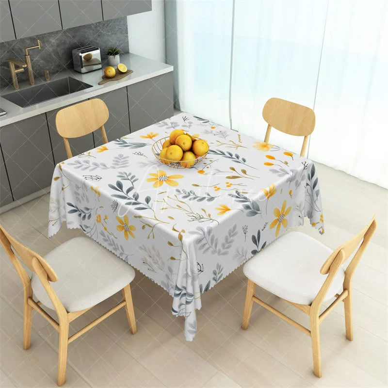 Aperturee - Aperturee Yellow Daisy and Autumn Leaves Rectangle Tablecloth White Floral Pattern Table Cover for Kitchen