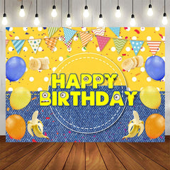 Aperturee - Aperturee Yellow Dots Denim Balloons Banana Birthday Backdrop