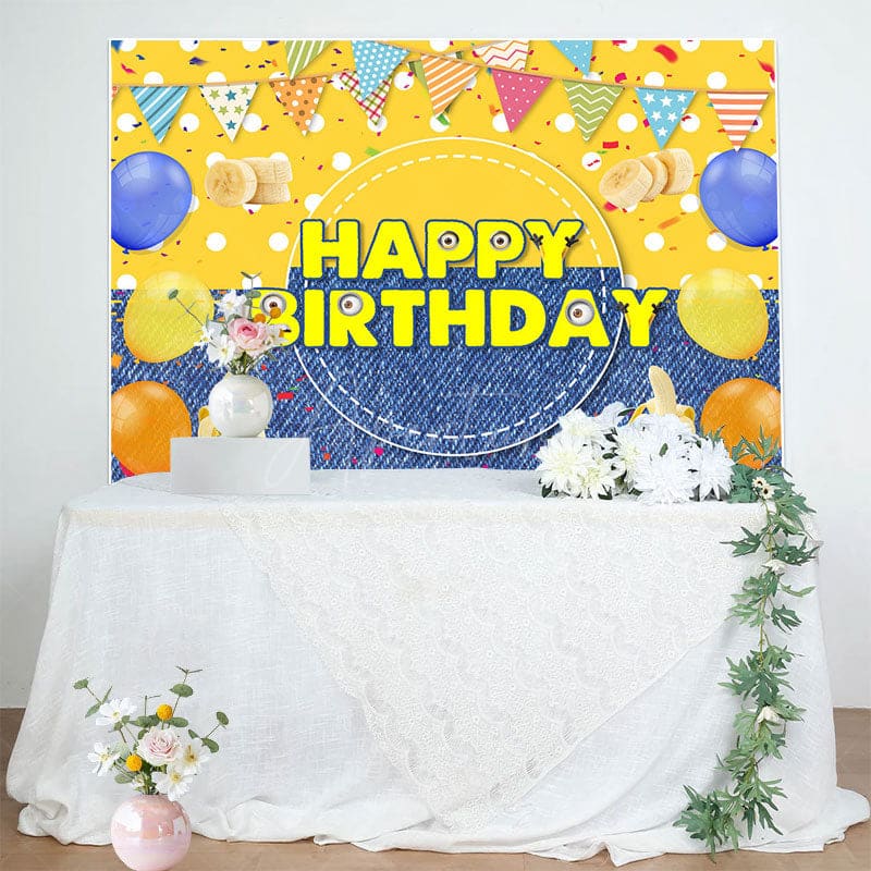 Aperturee - Aperturee Yellow Dots Denim Balloons Banana Birthday Backdrop