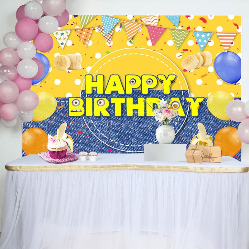 Aperturee - Aperturee Yellow Dots Denim Balloons Banana Birthday Backdrop