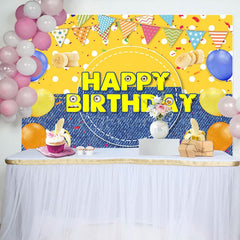 Aperturee - Aperturee Yellow Dots Denim Balloons Banana Birthday Backdrop