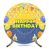 Aperturee - Aperturee Yellow Dots Denim Balloons Round Birthday Backdrop