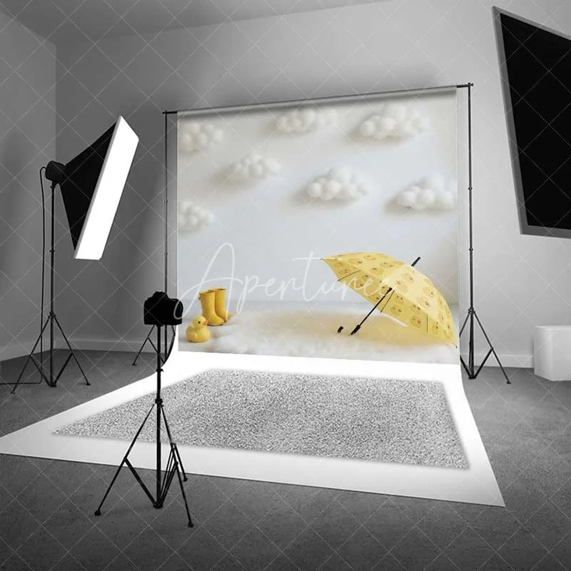 Aperturee - Aperturee Yellow Duck Cake Smash Backdrop White Fluffy Clouds Umbrella Photography Background Baby Shower Photo Prop