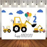 Aperturee - Aperturee Yellow Excavator Blue Cloud Balloons Birthday Backdrop