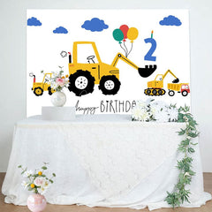 Aperturee - Aperturee Yellow Excavator Blue Cloud Balloons Birthday Backdrop