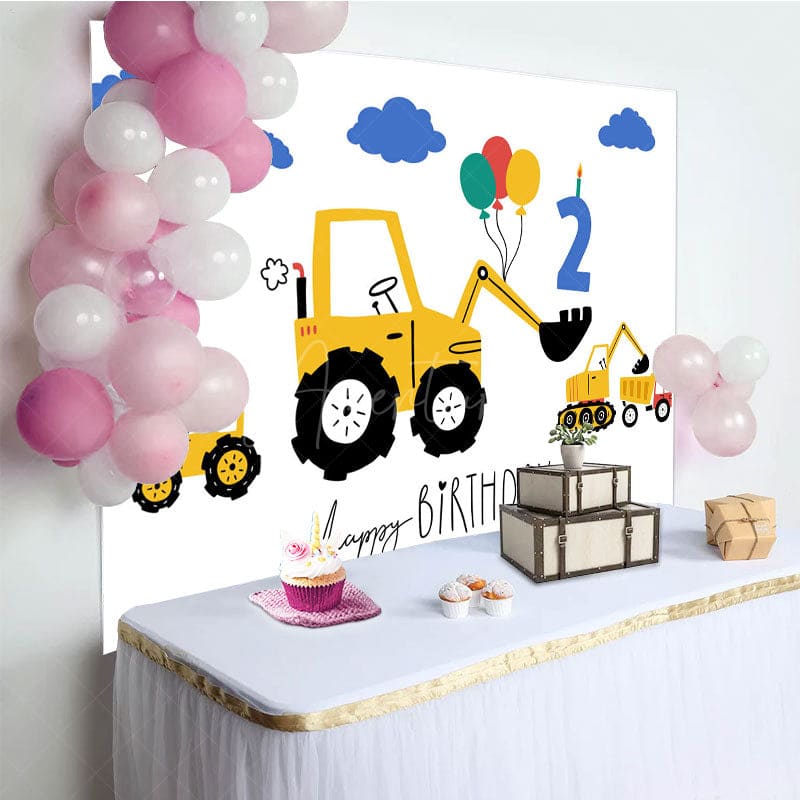 Aperturee - Aperturee Yellow Excavator Blue Cloud Balloons Birthday Backdrop