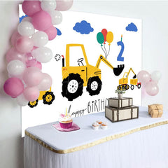 Aperturee - Aperturee Yellow Excavator Blue Cloud Balloons Birthday Backdrop