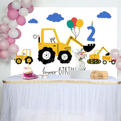 Aperturee - Aperturee Yellow Excavator Blue Cloud Balloons Birthday Backdrop