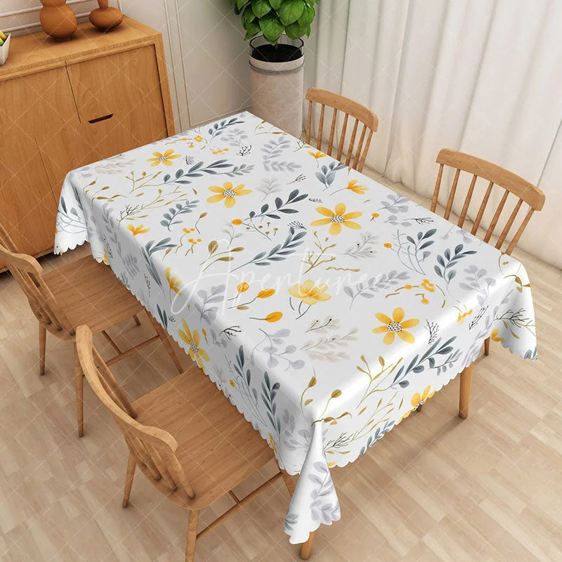 Aperturee - Aperturee Yellow Flower Botanical Rectangle Tablecloth Grey Leaf Floral Dining Table Cover for Kitchen