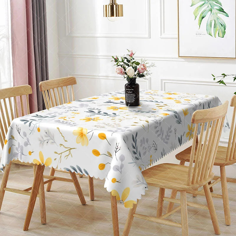 Aperturee - Aperturee Yellow Flower Botanical Rectangle Tablecloth Grey Leaf Floral Dining Table Cover for Kitchen