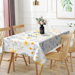 Aperturee - Aperturee Yellow Flower Botanical Rectangle Tablecloth Grey Leaf Floral Dining Table Cover for Kitchen