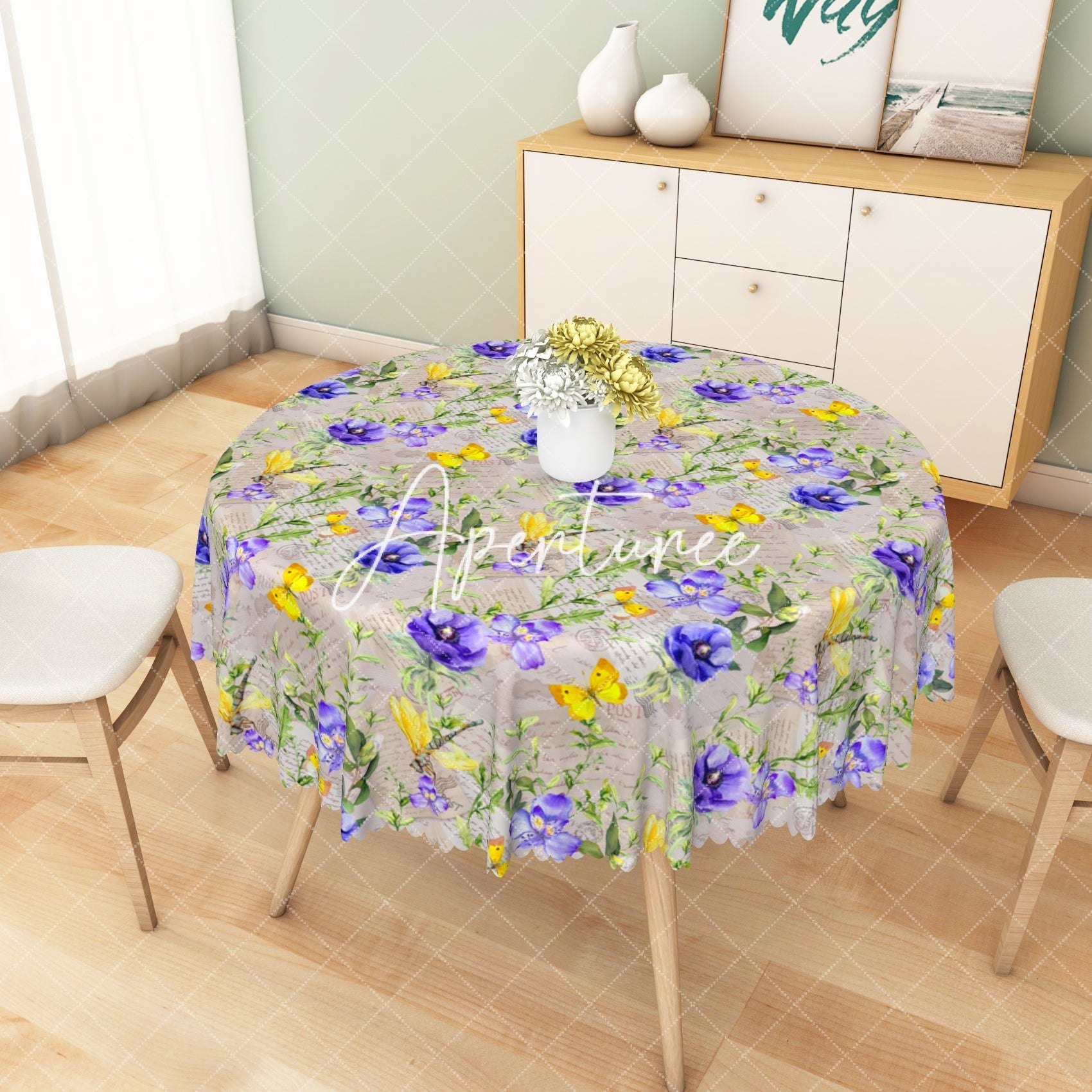 Aperturee - Aperturee Yellow Flowers Plants Butterfly Accent Tablecloth