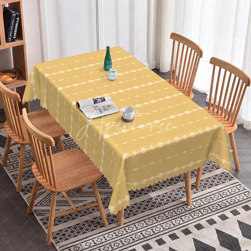 Aperturee - Aperturee Yellow Geometric Diamond Rectangle Tablecloth Modern White Chain Pattern Cover Bright Kitchen Dining Decor