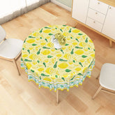 Aperturee - Aperturee Yellow Lemon and Green Leaf Pattern Round Tablecloth Fresh Fruit Kitchen Dining Decor