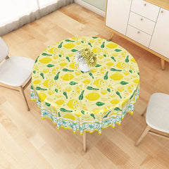 Aperturee - Aperturee Yellow Lemon and Green Leaf Pattern Round Tablecloth Fresh Fruit Kitchen Dining Decor