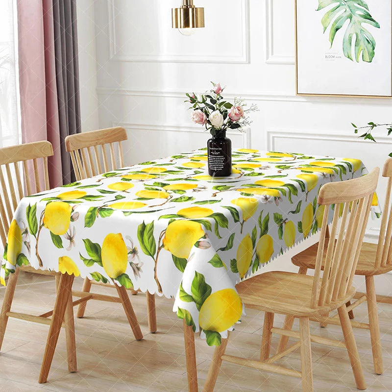 Aperturee - Aperturee Yellow Lemon and Green Leaves Rectangle Tablecloth Fresh Summer Fruit Citrus Kitchen Dining Table Cover Decor