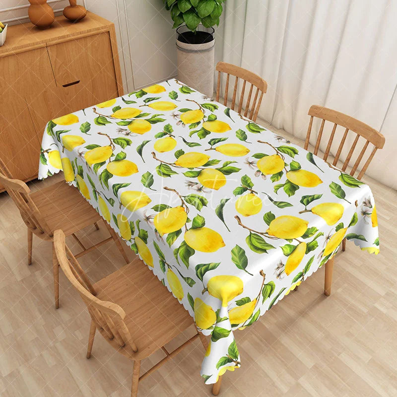Aperturee - Aperturee Yellow Lemon and Green Leaves Rectangle Tablecloth Fresh Summer Fruit Citrus Kitchen Dining Table Cover Decor